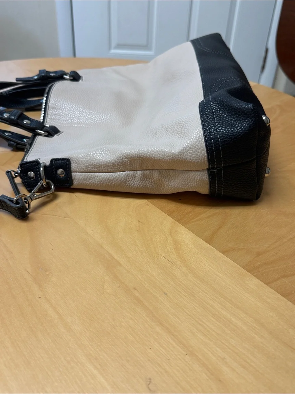 Nine West Black and Cream Two-Tone Faux Leather Pebbled Tote Bag